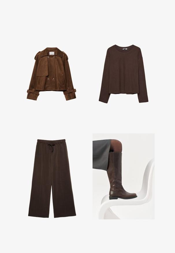 Braune Wildlederjacke in Kurzform mit doppelten Knöpfen, Schulterklappen und Gürtelriemen an den Ärmeln. Verfügt über vordere Klappentaschen und einen gekerbten Kragen.; Brauner Pullover mit lockerer Passform, geripptem Kragen und langen Ärmeln. Glatte Textur mit abgerundetem Saum und ohne sichtbare Muster oder Akzente.; Braune Hose mit weitem Bein, elastischem Bund und Kordelzug, aus weichem Stoff, vor weißem Hintergrund gezeigt.; Braune Lederstiefel bis zum Knie mit abgerundeter Spitze, glatter Oberfläche und minimalen Nähten, vor einem hellen Hintergrund auf einem weißen Stuhl.