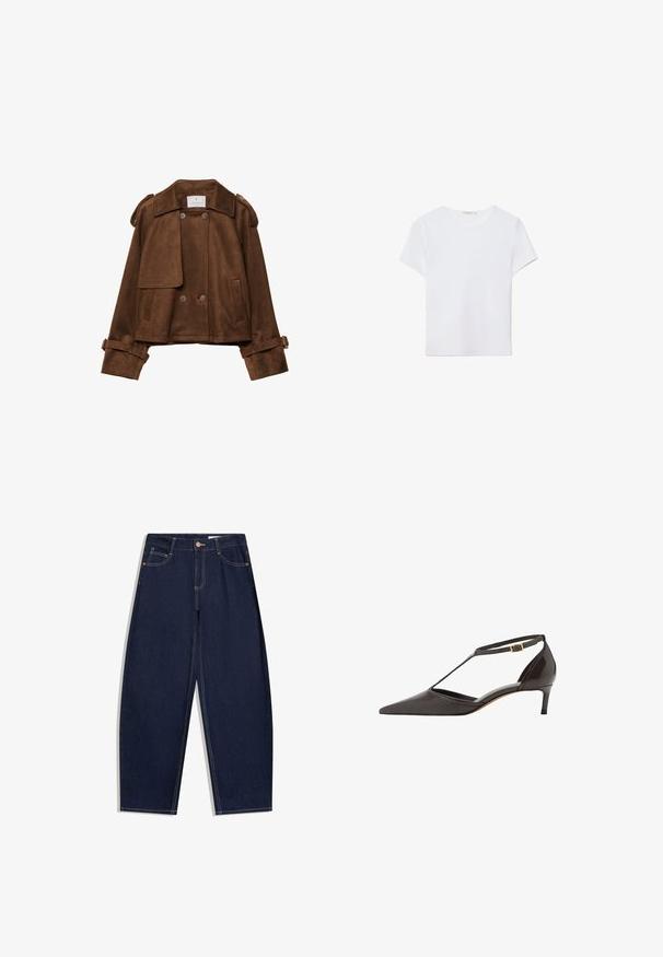 Hnedá velúrová krátka bunda s dvojitými gombíkmi, epauletmi a pásmi na rukávoch. Má predné vrecká s klopou a vykrojený golier.; Biela kratká dámska tričko s krátkym rukávom vyrobené z mäkkej látky. Má okrúhly výstrih a jednoduchý, čistý dizajn so rovnými okrajmi.; Tmavomodré riflové nohavice voľného strihu, s piatimi vreckami, zapínaním na gombík a kontrastným žltým prešívaním pozdĺž švov.; Čierne kožené dámske topánky s nízkym opätkom a špicatou špicou, s T-pásikom a zlatým pribalením na bielom pozadí.