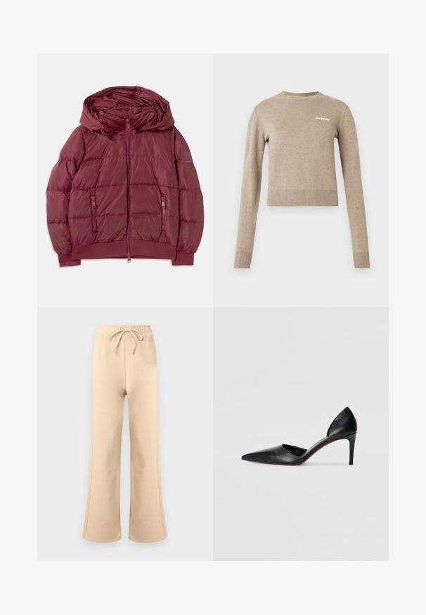 Burgundy puffer-jakki hupulla, vetoketju edessä ja kaksi sivuvetoketjullista taskua. Sen pinnassa on tikattu rakenne ja ribattu reunus. ; Beige västineulepusero, jossa on pitkät hihat, pyöreä kaula-aukko, resorit hihansuissa ja helmassa sekä pieni valkoinen tekstitunnus edessä.; Beiget, leveälahkeiset collegehousut, joissa on joustava vyötärönauha ja kiristysnauha, hillityt sivusaumat ja hento brändilogolla vyötärön lähellä.; Mustat nahkaiset korkokenkäpumpsit, joissa on teräväkärkinen muotoilu, avoimet sivut ja virtaviivainen siluetti. Ominaisuuksiin kuuluu ohut korko ja punainen pohja.