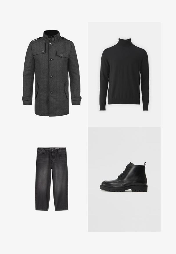 Manteau gris foncé à motif chevrons, avec un col haut, quatre poches avant, des boutons et des épaulettes ; fabriqué en tissu texturé.; Pull en col roulé noir en tissu doux, doté de manches longues et d'un col côtelé, avec une texture lisse et une coupe ajustée.; Jean noir à jambes larges avec cinq poches et fermeture par bouton, montrant un léger délavage au niveau des cuisses.; Bottines en cuir noir à bout rond, avec des lacets à l'avant et une semelle en caoutchouc texturée. Comprend une languette à l'arrière pour un enfilage facile.