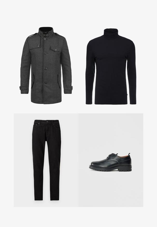 Manteau gris foncé à motif chevrons, avec un col haut, quatre poches avant, des boutons et des épaulettes ; fabriqué en tissu texturé.; T-shirt noir à manches longues et col roulé en tissu doux et extensible. Présente un design ajusté et une texture lisse. Aucun motif ni accent visible.; Jean slim noir avec fermeture devant par bouton et zip, passants de ceinture et deux poches avant visibles sur fond blanc.; Chaussures derby en cuir noir avec une texture lisse, bout rond, design à lacets et une semelle en caoutchouc épaisse et robuste.