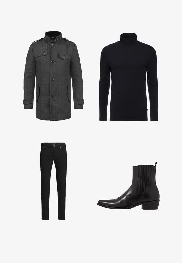 Manteau gris foncé à motif chevrons, avec un col haut, quatre poches avant, des boutons et des épaulettes ; fabriqué en tissu texturé.; T-shirt noir à manches longues et col roulé en tissu doux et extensible. Présente un design ajusté et une texture lisse. Aucun motif ni accent visible.; Jeans noirs slim-fit avec cinq poches, fermeture à bouton et passants de ceinture, étiquetés Jack & Jones.; Bottine noire en cuir avec un bout pointu, des panneaux latéraux élastiques, des accents de coutures verticales et un petit talon bloc.