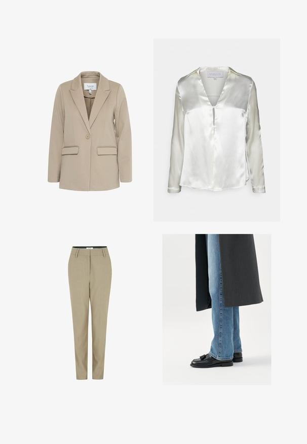 Beige blazer lavet af tekstureret stof, med en klapkrave, enkelt knaplukning og to forreste lommer.; STUDIO ID ALYSSA - Bluse - champagne; Beige skræddersyede bukser med lige ben, flad front, to forlommer og bælteløkker. Fremstillet af glat, letvægtsstof.; Sorte læderloafer med kvaster, båret med lyseblå lige ben jeans, suppleres af en mørkegrå frakke. Rene linjer og struktureret stof.