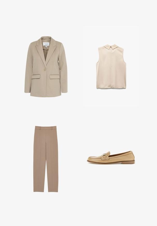 Beige blazer lavet af tekstureret stof, med en klapkrave, enkelt knaplukning og to forreste lommer.; Beige ærmeløs bluse med spids krave, glat stof og en nøglehulåbning bagpå. Minimalistisk design og skræddersyet form.; Beige skræddersyede bukser med lige ben, der har en plisseret front, bæltestropper og subtile syninger. Glat, letvægtigt stof.; Beige læderloafer med gulddetalje i metalspænde, lavt træhæl og afrundet firkantet tå, vist i profil mod hvid baggrund.