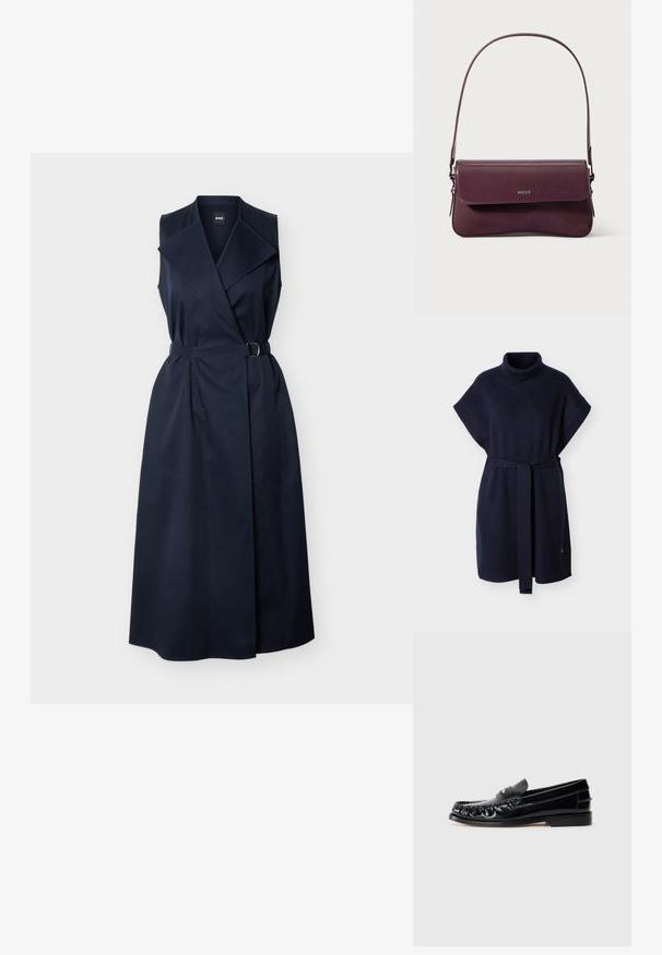 Robe poncho tricotée bleu marine avec un col montant, des manches courtes et une ceinture assortie. Présente une texture côtelée et une coupe décontractée.; Robe portefeuille sans manches bleu marine avec col à revers large et taille ceinturée, longueur aux genoux, en tissu lisse.; Mocassins en cuir noir avec un bout arrondi, des coutures décoratives et un petit accent doré sur le dessus. Semelle en caoutchouc plate, design épuré.; Sac à main en cuir bordeaux au design structuré, avec une fermeture à rabat et une bandoulière ajustable. Détail du logo embossé sur le devant.