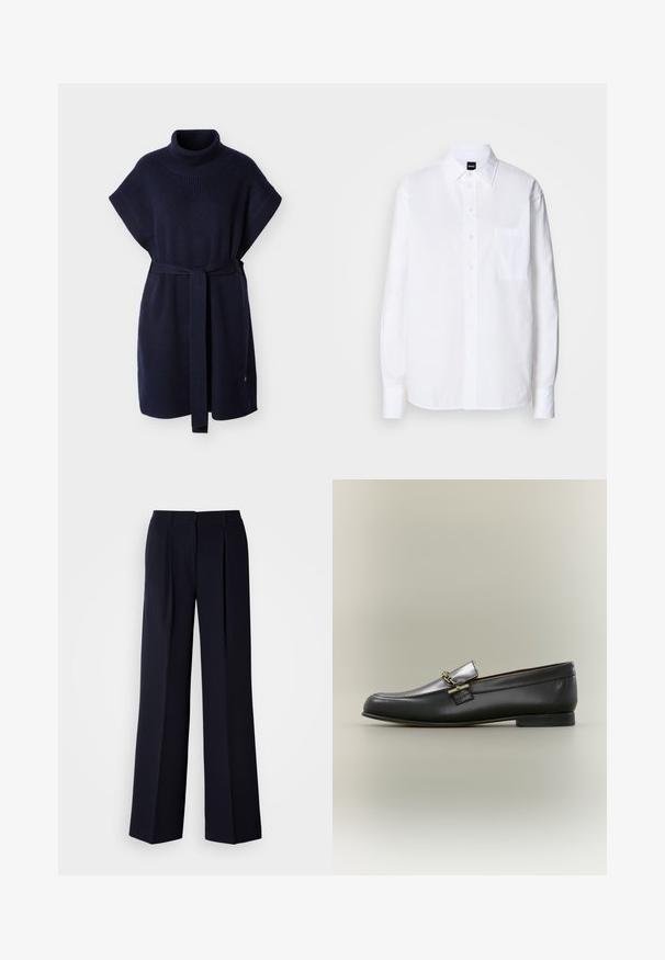 Robe poncho tricotée bleu marine avec un col montant, des manches courtes et une ceinture assortie. Présente une texture côtelée et une coupe décontractée.; Chemise blanche à boutons, en coton, avec un col classique, des manches longues, une poche poitrine et une texture lisse et structurée.; Pantalon large marine avec plis, réalisé en tissu lisse. Doté d'une ceinture ajustée et d'une silhouette épurée.; Mocassin en cuir noir avec dessus argenté, détail de chaîne dorée, petit talon et bout arrondi sur fond neutre.