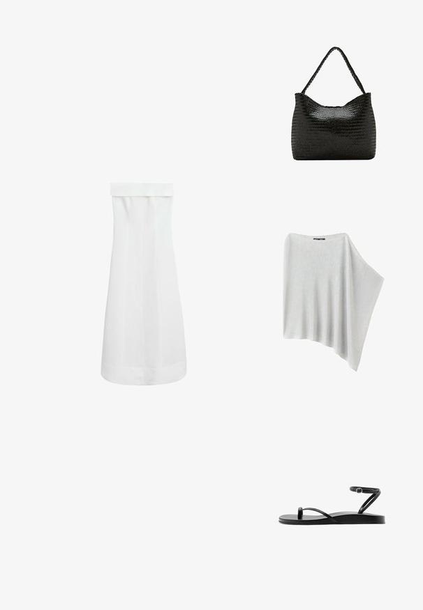 Lichtgrijze gebreide poncho met een boothals en een asymmetrische zoom, gedrapeerd op een witte achtergrond.; Witte strapless jurk met een rechte halslijn en een A-lijn silhouet, afgebeeld op een effen witte achtergrond.; Zwarte platte sandaal met dunne bandjes, teenlus en een enkelbandje met een kleine ronde gesp, zijaanzicht.; Zwarte gevlochten leren schoudertas met één gevlochten handvat en een zachte, afgeronde rechthoekige vorm.