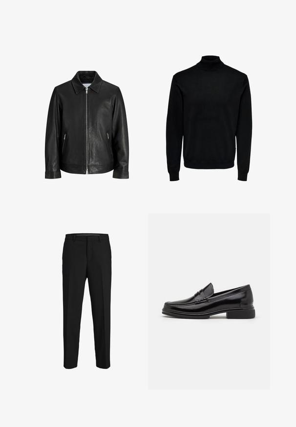 Veste en cuir noire avec une fermeture éclair à l'avant, deux poches latérales zippées et un col plié sur un fond blanc uni.; Pull à col roulé noir, fabriqué en tissu doux, avec des manches longues, des poignet et ourlet côtelés, un col ajusté et une texture lisse.; Pantalons noirs en tissu lisse, présentant une coupe droite, des passants de ceinture et un devant plat sans motifs ni embellissements visibles.; Mocassins en cuir noir avec un embout arrondi, présentant un détail cousu sur le dessus, et un petit talon carré. Texture lisse et finition brillante.