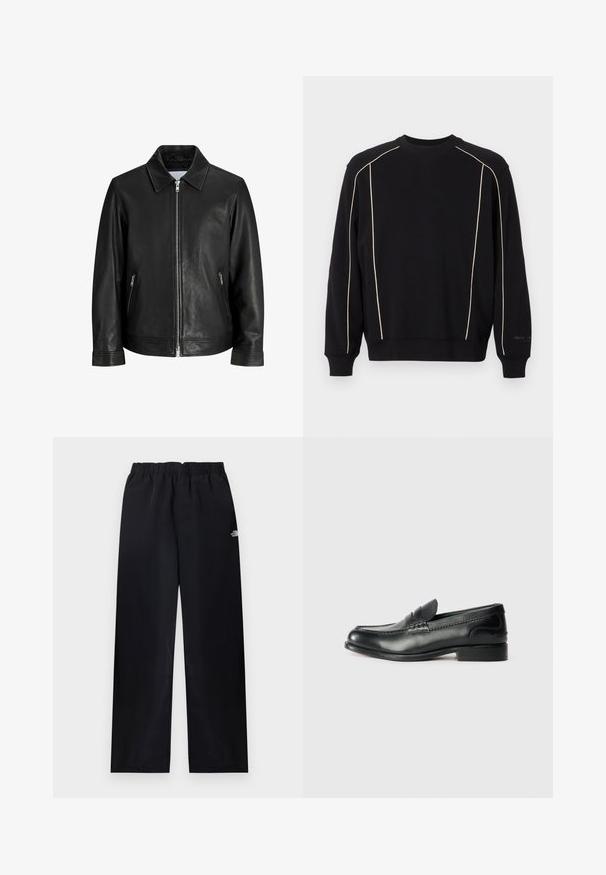Veste en cuir noire avec une fermeture éclair à l'avant, deux poches latérales zippées et un col plié sur un fond blanc uni.; Sweatshirt noir à manches longues, avec des coutures de couleur écru le long des épaules et des côtés. Col et poignets côtelés, texture douce.; Pantalon droit à taille élastique noire avec petit logo blanc sur la partie supérieure de la cuisse droite, présenté à plat sur un fond clair.; Mocassins en cuir noir avec une finition lisse, des détails cousus sur le devant et un talon légèrement surélevé.