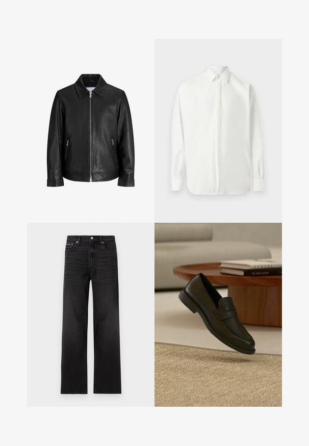 Veste en cuir noire avec une fermeture éclair à l'avant, deux poches latérales zippées et un col plié sur un fond blanc uni.; Chemise blanche à manches longues avec col pointu et poignets boutonnés, présentée à plat sur un fond gris clair.; Jean noir droit avec cinq poches, passants pour ceinture et fermeture par bouton, présenté sur un fond blanc.; Chaussure mocassin en cuir noir présentée en suspension au-dessus d'un tapis beige tissé, avec une table en bois et des livres empilés dans un salon doucement éclairé.