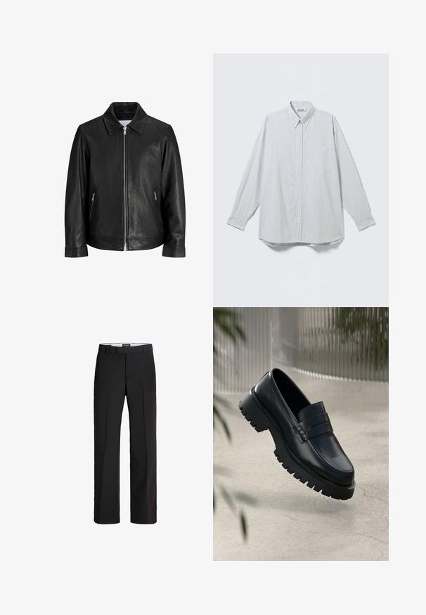 Veste en cuir noire avec une fermeture éclair à l'avant, deux poches latérales zippées et un col plié sur un fond blanc uni.; Chemise blanche à manches longues boutonnée avec fines rayures noires verticales et poche poitrine, présentée à plat sur un fond clair.; Pantalon noir avec une coupe ajustée ; présente un devant lisse, deux poches latérales et une texture douce ; fabriqué à partir d'un matériau léger et respirant.; Mocassins en cuir noir avec une semelle à crampons épaisse, dotés d'une sangle décorative et de détails de couture. Texture lisse avec une finition polie.