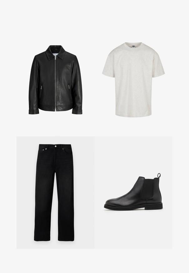 Veste en cuir noire avec une fermeture éclair à l'avant, deux poches latérales zippées et un col plié sur un fond blanc uni.; T-shirt en coton gris clair à manches courtes, avec un col rond et une coupe décontractée. Tissu texturé avec un motif chiné subtil.; Jean noir droit avec cinq poches, fermeture à bouton métallique et passants de ceinture, présenté sur fond blanc.; Bottines Chelsea en cuir noir avec panneaux élastiques sur les côtés et une languette. Bout arrondi et semelle en caoutchouc plate, mettant en valeur une finition lisse.