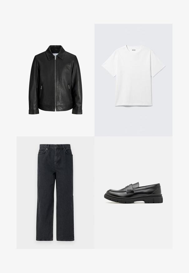 Veste en cuir noire avec une fermeture éclair à l'avant, deux poches latérales zippées et un col plié sur un fond blanc uni.; T-shirt blanc à manches courtes et col rond, étalé à plat, design uni, avec l'étiquette "WEEKDAY" à l'intérieur du col sur un fond clair.; Pantalons en denim bleu foncé à jambe large, avec un design à cinq poches et une fermeture à bouton. Comprend des accessoires en ton cuivre et une texture subtile.; Mocassin en cuir noir avec une large sangle sur le devant, semelle en caoutchouc à épaisse rainure, et texture lisse. Design classique et élégant.