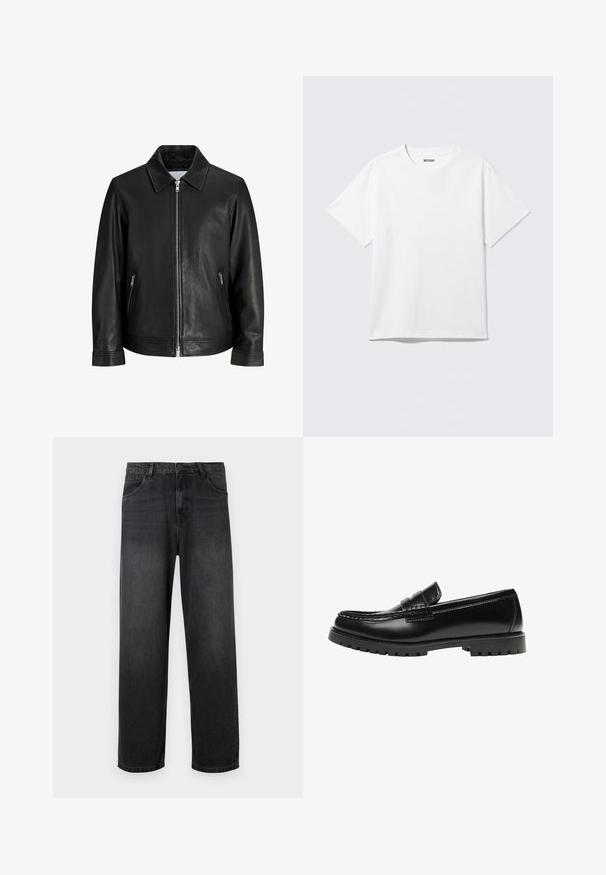 Veste en cuir noire avec une fermeture éclair à l'avant, deux poches latérales zippées et un col plié sur un fond blanc uni.; T-shirt blanc à manches courtes et col rond, étalé à plat, design uni, avec l'étiquette "WEEKDAY" à l'intérieur du col sur un fond clair.; Jeans en denim gris foncé avec un design à jambe droite, dotés d'une fermeture éclair, de cinq poches et de légères décolorations sur le tissu.; Mocassin en cuir noir avec une semelle en caoutchouc épaisse et un détail classique de bride à monnaie, vu de côté extérieur.