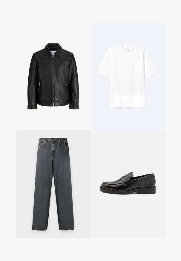 Veste en cuir noire avec une fermeture éclair à l'avant, deux poches latérales zippées et un col plié sur un fond blanc uni.; T-shirt blanc uni à manches courtes et col rond avec une coupe décontractée, présenté sur un fond clair.; Jean en denim gris foncé avec une coupe droite, cinq poches et une fermeture à bouton et zip. Le tissu présente un léger dégradé et des coutures.; Mocassins en cuir noir avec une finition lisse, un bout rond, un petit talon et descoutures décoratives à l'avant. Semelle en caoutchouc pour l'adhérence.