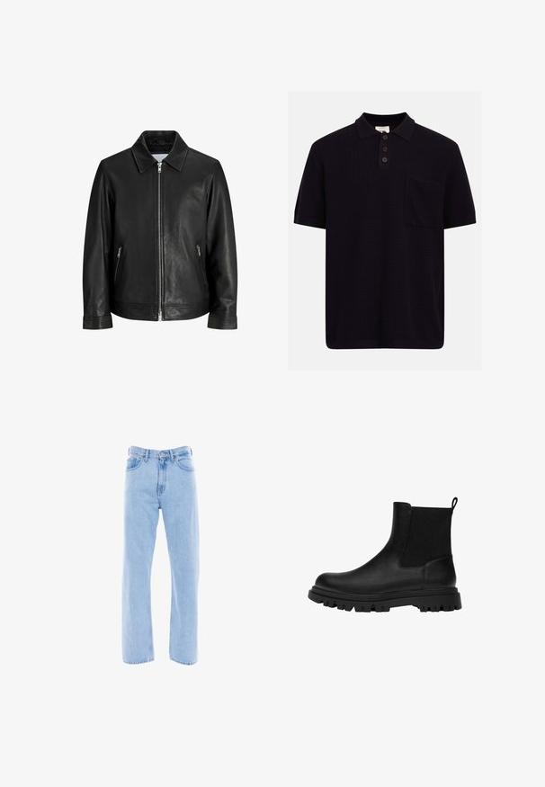 Veste en cuir noire avec une fermeture éclair à l'avant, deux poches latérales zippées et un col plié sur un fond blanc uni.; Polo noir à manches courtes avec motif en zigzag texturé, patte de boutonnage à trois boutons et poche poitrine sur fond uni.; Jean en denim bleu clair, avec une coupe droite, taille haute, poches avant et détails de couture classiques sur les coutures et la taille.; Bottes-chelsea en cuir noir avec panneaux latéraux élastiques, semelle en caoutchouc texturée, bout arrondi et languette à l'arrière pour un enfilage facile.