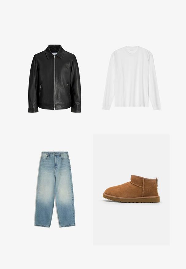 Veste en cuir noire avec une fermeture éclair à l'avant, deux poches latérales zippées et un col plié sur un fond blanc uni.; T-shirt blanc en coton à manches longues avec col rond, doté de poignets côtelés et d'un ourlet droit, texture lisse et design minimaliste.; Jean denim bleu clair à jambes larges avec poches avant, fermeture par bouton, et effet délavé sur les cuisses et les genoux.; Bottine en suède beige avec un bout rond, des détails de couture subtils et une semelle en caoutchouc texturée. Hauteur courte sans lacets.
