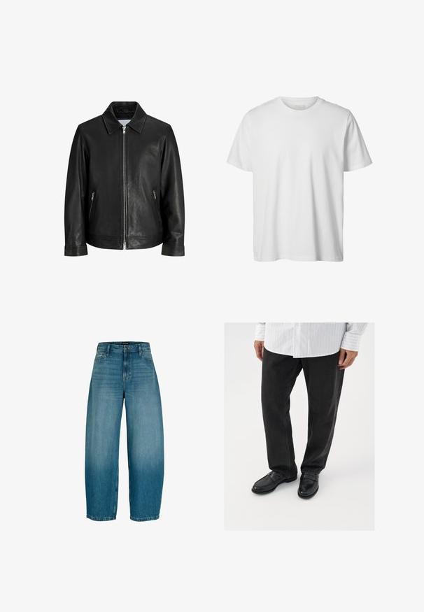 Veste en cuir noire avec une fermeture éclair à l'avant, deux poches latérales zippées et un col plié sur un fond blanc uni.; T-shirt blanc uni à manches courtes, col rond, coupe décontractée, sans logos ni motifs visibles à l'avant.; Jean en denim bleu à jambes larges avec fermeture avant par boutons et zipper, passants pour ceinture et poches latérales, présentant un léger délavage au niveau des cuisses.; Pantalons en denim noir associés à des mocassins noirs brillants. La chemise est blanche avec de fines rayures verticales, avec des manches longues et un col boutonné.