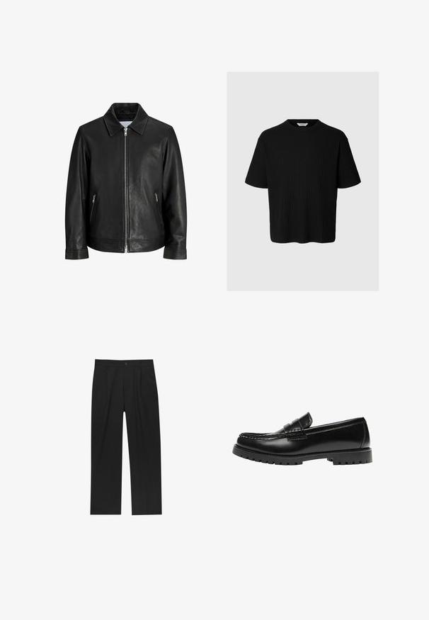 Veste en cuir noire avec une fermeture éclair à l'avant, deux poches latérales zippées et un col plié sur un fond blanc uni.; T-shirt côtelé noir à manches courtes avec un col rond et une coupe décontractée, présenté sur un fond gris clair uni.; Pantalons noirs au design droit, fabriqués à partir d'un tissu lisse. Dotés de plis sur le devant et d'une fermeture à un bouton à la taille.; Mocassin en cuir noir avec une semelle en caoutchouc épaisse et un détail classique de bride à monnaie, vu de côté extérieur.
