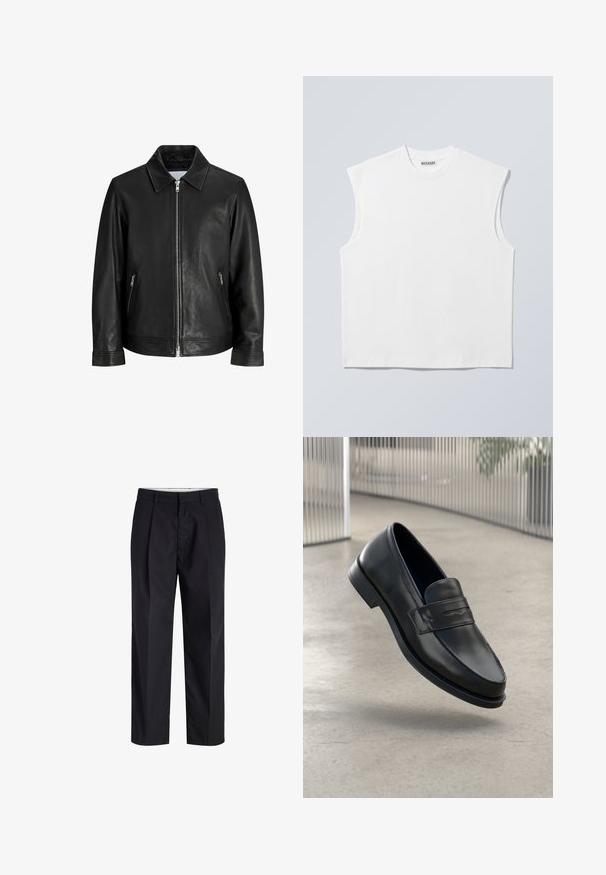 Veste en cuir noire avec une fermeture éclair à l'avant, deux poches latérales zippées et un col plié sur un fond blanc uni.; Haut blanc sans manches en coton à col rond avec épaules structurées, marqué "WEEKDAY" sur l'étiquette du col, présenté sur un fond gris clair.; Pantalon noir à jambes droites avec taille, passants de ceinture, fermeture éclair à l'avant et poches latérales, présenté sur fond blanc.; Mocassin en cuir noir à texture lisse, bout pointu et bande décorative sur le cou-de-pied. Semelle légère, design minimaliste.