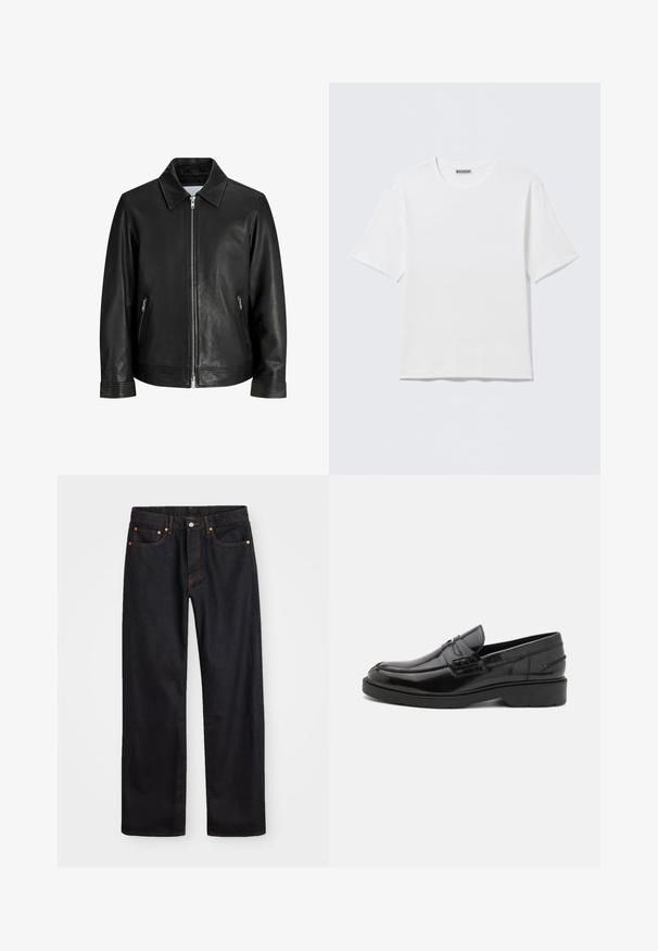 Veste en cuir noire avec une fermeture éclair à l'avant, deux poches latérales zippées et un col plié sur un fond blanc uni.; T-shirt blanc uni à manches courtes et col rond, avec une petite étiquette "WEEKDAY" à l'intérieur du col arrière, présenté à plat.; Jean en denim noir pour hommes, coupe droite, avec cinq poches et surpiqûres orange, fermeture par bouton et zip à la taille avant.; Mocassins en cuir noir avec une finition lisse, un bout rond, un petit talon et descoutures décoratives à l'avant. Semelle en caoutchouc pour l'adhérence.