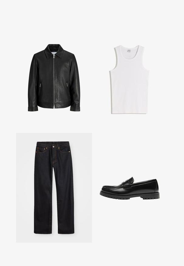 Veste en cuir noire avec une fermeture éclair à l'avant, deux poches latérales zippées et un col plié sur un fond blanc uni.; Débardeur blanc en coton avec un col rond et de larges bretelles. Texture lisse, sans motifs ni accents, design simple.; Jean en denim noir pour hommes, coupe droite, avec cinq poches et surpiqûres orange, fermeture par bouton et zip à la taille avant.; Mocassin en cuir noir avec une semelle en caoutchouc épaisse et un détail classique de bride à monnaie, vu de côté extérieur.