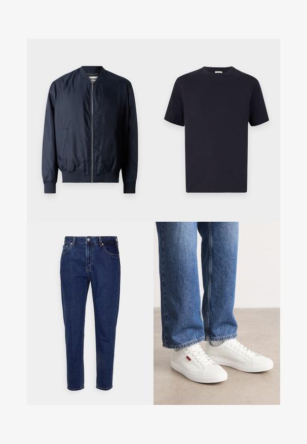 Veste bombardier navy avec une finition lisse et brillante, des poignets et un ourlet côtelés, dotée d'une fermeture éclair à l'avant et de poches latérales.; T-shirt en coton bleu marine avec un col rond, des manches courtes et une coupe décontractée ; texture lisse ; sans motifs ni quincaillerie visibles.; Jean droit en denim bleu foncé avec fermeture à bouton et zip à l'avant, passants pour ceinture, poches avant et arrière.; Baskets blanches avec une surface lisse, un bout rond et une semelle plate. Accompagnées d'un jean en denim bleu avec une coupe droite et des coutures visibles.