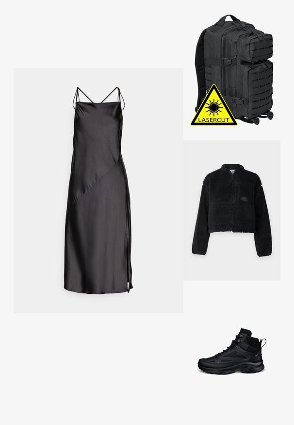 Sort fleecejakke med høj krave, cropped design, lange ærmer, frontlomme og struktureret stof. Har et logo på brystet.; Sort satin kjole med tynde justerbare stropper, en glat tekstur, skrå sømme og en sideslids for ekstra detalje.; Sort højtop vandrestøvle med tekstureret sål, snørefront, polstret krave og trækflig på hvid baggrund.; Brandit BIG COOPER - Rygsække - black