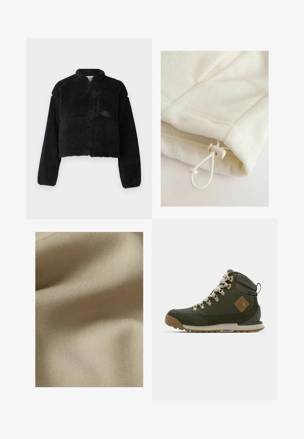 Zwarte fleece jas met hoge kraag, cropped ontwerp, lange mouwen, voorzak en textielstructuur. Heeft een logo op de borst.; Fleece kledingstuk in off-white met een zachte textuur, voorzien van een touwtje met schuifknop voor verstelbaarheid aan de zoom.; Beige gestructureerde stof met een fijn, ribbelpatroon. Het materiaal lijkt glad met een subtiele glans en valt zacht in plooien.; Groene wandelschoenen met een bovenwerk van suede en synthetisch materiaal, gouden oogjes en een rubberen buitenzool met een gestructureerde afwerking voor grip.