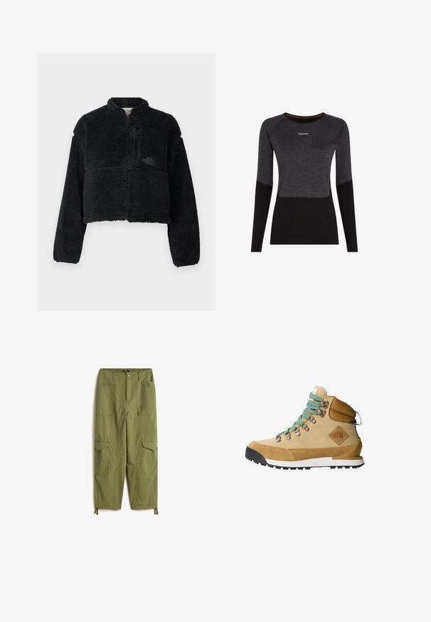 Schwarze Fleecejacke mit hohem Kragen, tailliertem Design, langen Ärmeln, Taschen vorne und strukturiertem Stoff. Mit einem Logo auf der Brust.; Dunkelgraues und schwarzes Longsleeve-Damenhemd mit taillierter Passform, Rundhalsausschnitt und kleinem weißen "Icebreaker"-Logo auf der Brust.; Olivgrüne Cargo-Hosen mit strukturierter Oberfläche, die über zwei Vordertaschen, zusätzliche Seitentaschen und verstellbare Bündchen am Saum verfügen.; Beige Wanderschuh mit einem Obermaterial aus Wildleder und Canvas, türkisfarbenen Schnürsenkeln, gepolstertem Schaft und schwarzem Gummisohle mit strukturiertem Grip-Muster.