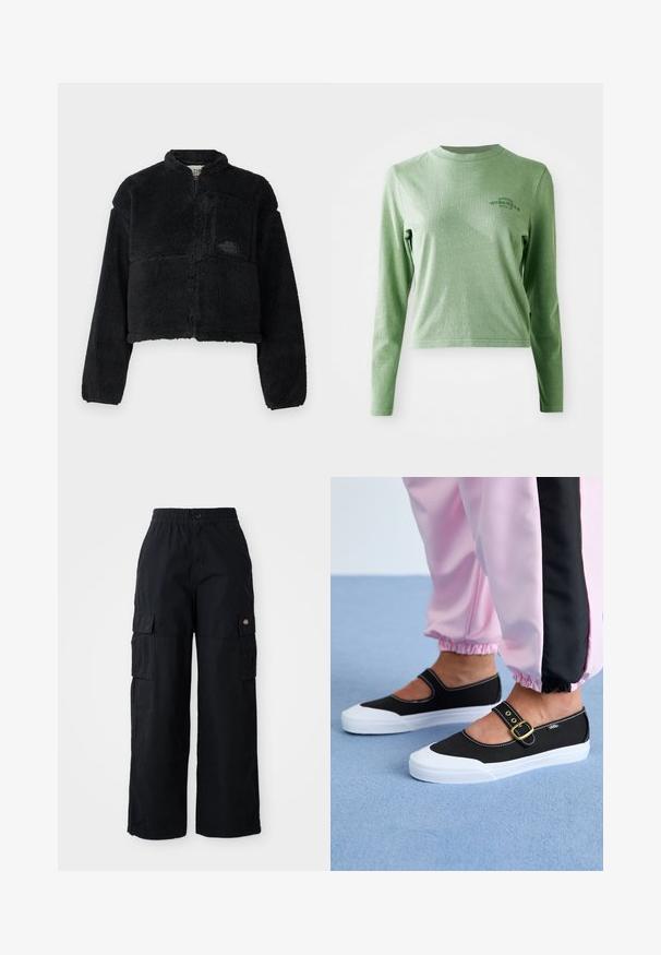 Schwarze Fleecejacke mit hohem Kragen, tailliertem Design, langen Ärmeln, Taschen vorne und strukturiertem Stoff. Mit einem Logo auf der Brust.; Hellgrünes Langarm-T-Shirt aus weicher Baumwolle, mit Rundhalsausschnitt und einem kleinen gedruckten Logo auf der oberen linken Seite.; Schwarze Cargo-Hosen mit elastischem Bund und Knopf. Sie verfügen über zwei große Seitentaschen und ein Aufnählogo am linken Bein. Weites Bein-Design.; Schwarze Leinenschuhe mit einer weißen Sohle, die ein Ausschnittdesign und einen goldenen Schnallenriegel aufweisen. Getragen mit rosa Sporthosen.