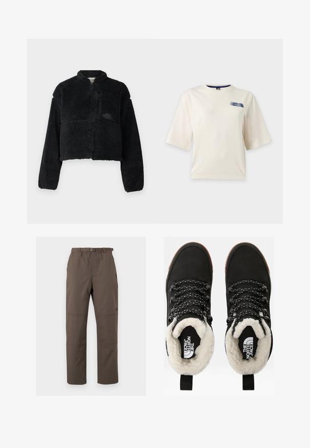 Sort fleecejakke med høj krave, cropped design, lange ærmer, frontlomme og struktureret stof. Har et logo på brystet.; Hvid T-shirt med korte ærmer med en lille blå The North Face-logo på øverste venstre bryst.; Brune udendørs bukser med elastisk talje og justerbart bælte. Har panelsting og et lige ben-design. Holdbart stof.; Sorte vandtætte ankelstøvler med for af faux pels, tekstureret stof, snørebånd med hvidt og sort mønster samt en løkker ved hælen.