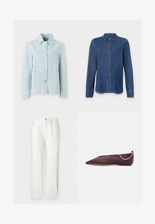 Veste en denim bleu clair avec un col, poches avant et boutons argentés. Le tissu a une texture lisse et un design décontracté.; Chemise en denim bleu foncé à manches longues, avec un devant à boutons, un col classique et des coutures visibles. Présente un ourlet droit avec une légère courbe sur les côtés.; Pantalons en denim blanc avec une coupe droite, dotés d'une fermeture à bouton sur le devant et d'une texture subtile. Comprend des poches latérales et un matériel minimal.; Chaussure plate marron foncé à bout pointu avec un petit talon et un détail chaîne en strass argentée à l'arrière.