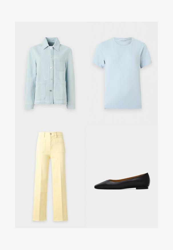 Veste en denim bleu clair avec un col, poches avant et boutons argentés. Le tissu a une texture lisse et un design décontracté.; T-shirt bleu clair manches courtes à col rond avec une étiquette de marque visible à l'intérieur du col sur fond uni.; Pantalon jaune taille haute à jambes droites avec poches plaquées à l'avant et fermeture par boutons sur fond uni.; Chaussure plate en cuir noir à bout pointu avec talon bas et finition lisse, vue de côté sur un fond gris clair.