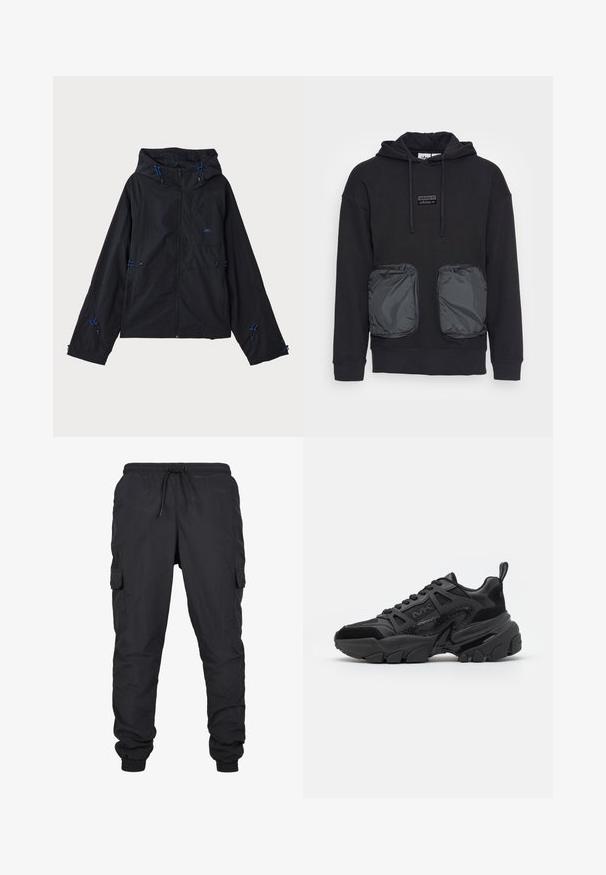 Schwarze leichte Jacke mit Kapuze, ausgestattet mit blauen Akzenten, Kordelzügen und einem Reißverschluss. Hergestellt aus wasserabweisendem Material.; Schwarzer Kapuzenpullover mit lässiger Passform, ausgestattet mit zwei großen Reißverschlusstaschen aus glänzendem Material auf der Vorderseite. Kleines Logopatch über den Taschen.; Schwarze Cargo-Hosen mit elastischem Bund und Kordelzug, ausgestattet mit seitlichen Taschen und gerippten Säumen. Hergestellt aus leichtem, strapazierfähigem Stoff.; Schwarze Sneakers mit einer Kombination aus glatten und strukturierten Materialien, einer klobigen Sohle, Schnürdesign und markanten seitlichen Akzenten.