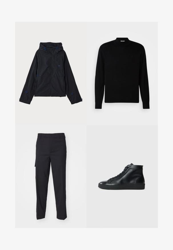 Sort letvægtsjakke med hætte, der har blå detaljer, snore og lynlås lukning. Fremstillet af vandafvisende materiale.; Sort langærmet sweater med høj hals, lavet af let strikket materiale. Har et diskret logo på brystet og tætsiddende manchetter.; Sorte bukser lavet af et glat, vævet stof. Har en lige pasform, slim fit, bæltestropper og en sidelomme.; Sorte high-top sneakers lavet af glat læder med rund tå, flad gummisål og snørebånd foran. Rene linjer og minimale detaljer.