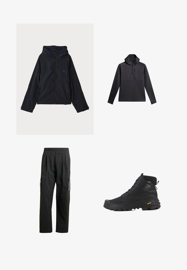 Sort letvægtsjakke med hætte, der har blå detaljer, snore og lynlås lukning. Fremstillet af vandafvisende materiale.; Sort pullover med hætte, der har en kvart lynlås foran, raglanærmer og en lynlåslomme på brystet; glat tekstur og atletisk design.; Sorte cargo bukser med elastisk talje, sidelommer og reflekterende detaljer. Fremstillet af let, vandafvisende materiale.; Sorte høj-top støvler med en tekstureret overflade, der har et vandtæt design, snøresystem og en markant gummisål med Vibram-branding.