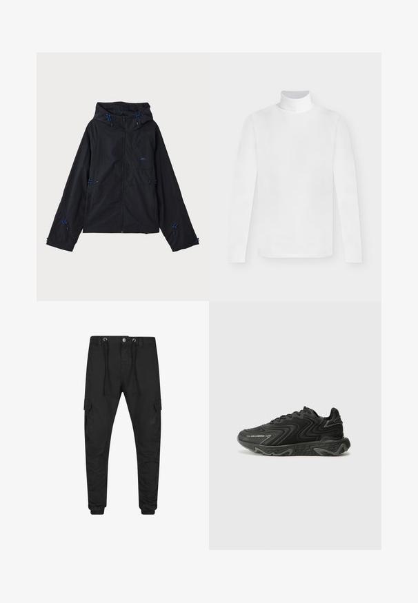 Schwarze leichte Jacke mit Kapuze, ausgestattet mit blauen Akzenten, Kordelzügen und einem Reißverschluss. Hergestellt aus wasserabweisendem Material.; Weißes Langarm-Turtleneck-Shirt mit tailliertem Schnitt, vor einem schlichten hellgrauen Hintergrund dargestellt.; Schwarze Cargo-Jogginghosen mit Kordelzugbund, Knopfverschluss, seitlichen Klappentaschen und elastischen Bündchen.; Schwarze Sneaker mit einer wellenförmigen Textur und grauen Akzenten. Sie besitzen ein Schnürdesign und eine klobige, skulptierte Sohle. Die Markenkennzeichnung ist an der Seite sichtbar.