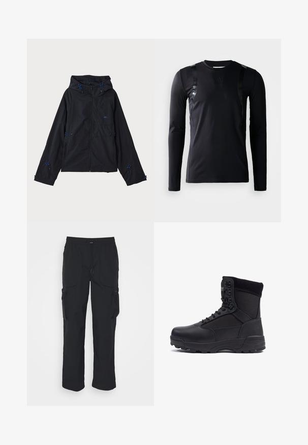 Veste légère noire avec capuche, présentant des accents bleus, des cordons de serrage et une fermeture éclair. Fabriquée en tissu résistant à l'eau.; T-shirt de sport à manches longues noir en tissu lisse et extensible. Présente des accents noirs brillants sur les épaules et un logo Adidas sur la poitrine.; Pantalons cargo noirs en tissu tissé. Dotés d'une taille réglable, de poches latérales et de deux poches utilitaires avec zips.; Botte tactique noire avec une tige en cuir lisse et des panneaux en tissu, design montante, fermeture à lacets à l'avant et semelle en caoutchouc robuste.