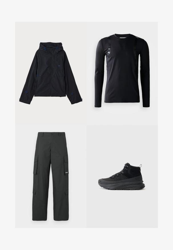 Veste légère noire avec capuche, présentant des accents bleus, des cordons de serrage et une fermeture éclair. Fabriquée en tissu résistant à l'eau.; T-shirt de sport à manches longues noir en tissu lisse et extensible. Présente des accents noirs brillants sur les épaules et un logo Adidas sur la poitrine.; Pantalons cargo noirs à jambes droites avec poches latérales à rabat, fermeture à bouton, passants de ceinture et petit logo blanc sur le rabat de la poche droite.; Sneaker montante noire en tissu texturé avec une semelle en caoutchouc, présentant un système de laçage, un col rembourré et une languette à l'arrière.