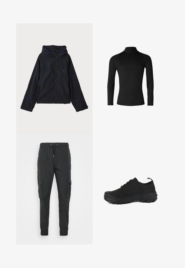 Schwarze leichte Jacke mit Kapuze, ausgestattet mit blauen Akzenten, Kordelzügen und einem Reißverschluss. Hergestellt aus wasserabweisendem Material.; Schwarzes Langarm-Oberteil mit hohem Kragen und einem halben Reißverschluss. Hergestellt aus glattem, elastischem Stoff, mit Raglanärmeln und ohne sichtbare Muster.; Schwarze Cargo-Hosen aus leichtem Stoff, mit einem verstellbaren Kordelzugbund, elastischen Bündchen und zwei Seitentaschen.; Schwarze Sportschuhe aus Canvas mit strukturiertem Obermaterial, rundem Zehenbereich, sechs Loch Schnürverschluss und robuster Gummisohle mit tiefem Profil.