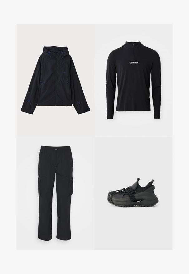 Schwarze leichte Jacke mit Kapuze, ausgestattet mit blauen Akzenten, Kordelzügen und einem Reißverschluss. Hergestellt aus wasserabweisendem Material.; Schwarzes Langarmoberteil mit hohem Kragen, ausgestattet mit einem Viertel-Reißverschluss und weißem "CALVIN KLEIN" Logo auf der Vorderseite. Glatter, elastischer Stoff.; Schwarze Cargo-Hosen aus gewebtem Stoff. Mit verstellbarem Bund, Seitentaschen und zwei Utility-Taschen mit Reißverschlüssen.; Emporio Armani Sneaker low - black