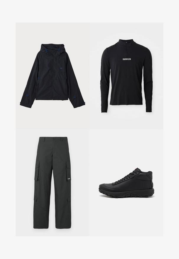 Sort letvægtsjakke med hætte, der har blå detaljer, snore og lynlås lukning. Fremstillet af vandafvisende materiale.; Sort langærmet top med høj krave, der har en kvartlynlås og hvid "CALVIN KLEIN" logo på forsiden. Glat, strækbart stof.; Sorte straight-leg cargo bukser med sidelommer med klap, knaplukning, bæltestropper og et lille hvidt logo på klappen af højre lomme.; Sorte høje sneakers lavet af struktureret læder, med en tyk gummisål med trækmønstre og snørefunktion. Rød detalje på tungen.