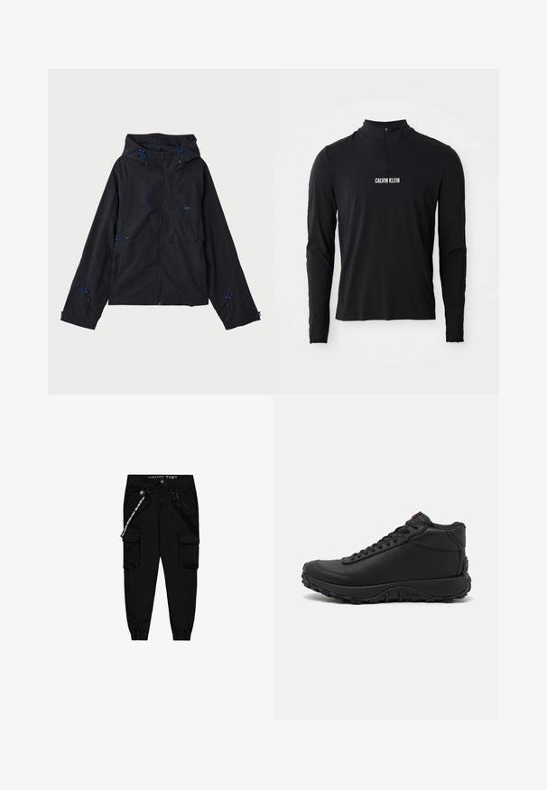 Sort letvægtsjakke med hætte, der har blå detaljer, snore og lynlås lukning. Fremstillet af vandafvisende materiale.; Sort langærmet top med høj krave, der har en kvartlynlås og hvid "CALVIN KLEIN" logo på forsiden. Glat, strækbart stof.; Sorte cargo bukser lavet af letvægtsstof, med to sidelommer, en elastisktalje og justerbare ankelmanchetter.; Sorte høje sneakers lavet af struktureret læder, med en tyk gummisål med trækmønstre og snørefunktion. Rød detalje på tungen.