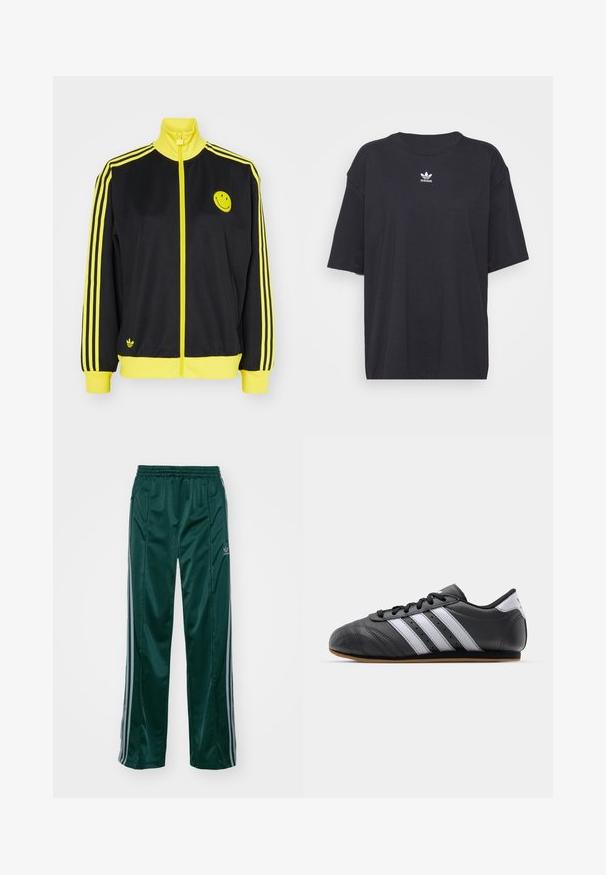 Sort zip-up jakke med gule detaljer, høj krave, glad ansigt logo på venstre bryst og tre vandrette gule striber på hver ærme.; Sort bomulds t-shirt med korte ærmer, rund halsudskæring, med et hvidt Adidas-logo på brystet. Enkel design, afslappet pasform.; Mørkegrønne træningsbukser lavet af skinnende materiale, med sidelister i lys grå og et broderet logo på venstre ben.; Sorte lædersportssko med hvide striber, rund tå, flad sål og snørelukning. Har perforeringer for åndbarhed.