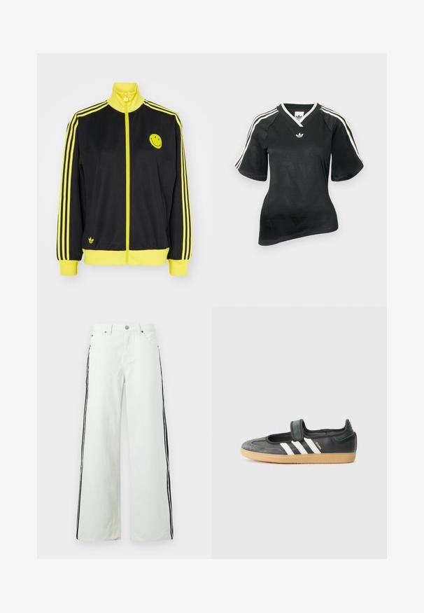 Schwarze Zip-Jacke mit gelben Akzenten, hohem Kragen, Smiley-Gesicht-Logo auf der linken Brust und drei horizontalen gelben Streifen an jedem Ärmel.; Schwarzes Sportshirt mit V-Ausschnitt, kurzen Ärmeln und strukturiertem Chevron-Muster. Mit weißen drei-Streifen-Akzenten auf den Schultern und Logo.; Weit geschnittene Jeans aus hellgrünem Denim mit schwarzen Seitenstreifen. Fünf-Taschen-Design mit Metallbeschlägen und einem Knopfverschluss in der Taille.; Schwarze Leder- und Wildledersneaker mit einem Klettverschluss, ausgestattet mit drei weißen Streifen und einer Gummisohle, beschriftet mit "SAMBA" an der Seite.