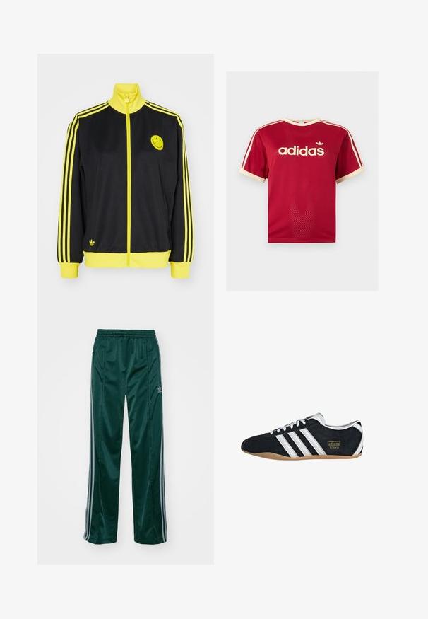 Sort zip-up jakke med gule detaljer, høj krave, glad ansigt logo på venstre bryst og tre vandrette gule striber på hver ærme.; Rød Adidas mesh t-shirt med beige kant på krave, ærmer og de tre striber på skuldrene, med Adidas-logo og tekst på fronten.; Mørkegrønne træningsbukser lavet af skinnende materiale, med sidelister i lys grå og et broderet logo på venstre ben.; Sort ruskinds sneaker med hvide tre striber, guldlogo og en brun gummisål. Har et lavprofil snørebåndsdesign.