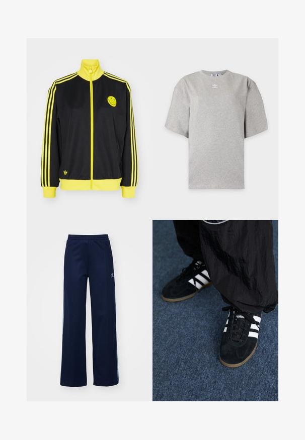 Čierna bunda na zips so žltými akcentmi, vysoký golier, logo s úsmevom na ľavom prsníku a tri horizontálne žlté pruhy na každom rukáve.; Svetlosivé tričko Adidas s krátkym rukávom, okrúhlym výstrihom a malým bielym logom Adidas na hrudi, zobrazené na jednoduchom pozadí.; Námornícke nohavice z bavlneného zmesi s širokým strihom, elastickým pásom a zipsovými vreckami, s bielymi bočnými pruhmi a detailom loga.; Čierne roháčiky z semišu so tromi bielymi pruhmi a čiernymi šnúrkami. Texturované čierne nohavice sú čiastočne viditeľné vedľa topánok.