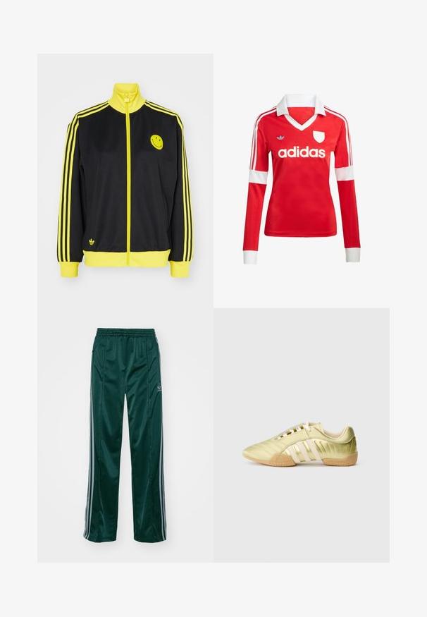 Schwarze Zip-Jacke mit gelben Akzenten, hohem Kragen, Smiley-Gesicht-Logo auf der linken Brust und drei horizontalen gelben Streifen an jedem Ärmel.; Rotes Fußballtrikot mit langen Ärmeln, weißem Kragen und weißen Ärmelbündchen. Es hat drei weiße Streifen auf den Schultern und das "adidas"-Logo ist auffällig platziert.; Dunkelgrüne Sporthosen aus glänzendem Material, mit seitlichen Streifen in Hellgrau und einem gestickten Logo auf dem linken Bein.; Limettengrüner synthetischer Sportschuh mit glatter Textur, ausgestattet mit drei weißen Streifen, einem weichen Innenfutter und einer strukturierten Gummisohle.