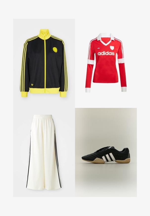 Schwarze Zip-Jacke mit gelben Akzenten, hohem Kragen, Smiley-Gesicht-Logo auf der linken Brust und drei horizontalen gelben Streifen an jedem Ärmel.; Rotes Fußballtrikot mit langen Ärmeln, weißem Kragen und weißen Ärmelbündchen. Es hat drei weiße Streifen auf den Schultern und das "adidas"-Logo ist auffällig platziert.; Weiße weite Hosen mit elastischem Bund und schwarzen vertikalen Streifen an den äußeren Nähten.; Schwarzer Sportschuh mit weißen Streifen und beiger, strukturierter Sohle auf neutralem Hintergrund, seitlich dargestellt.